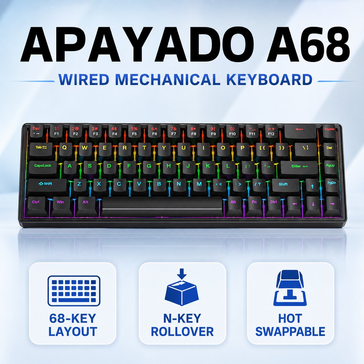 Keyboard Gaming Blue Switch - APAYADO A68 Przewodowa Klawiatura Mechaniczna, z